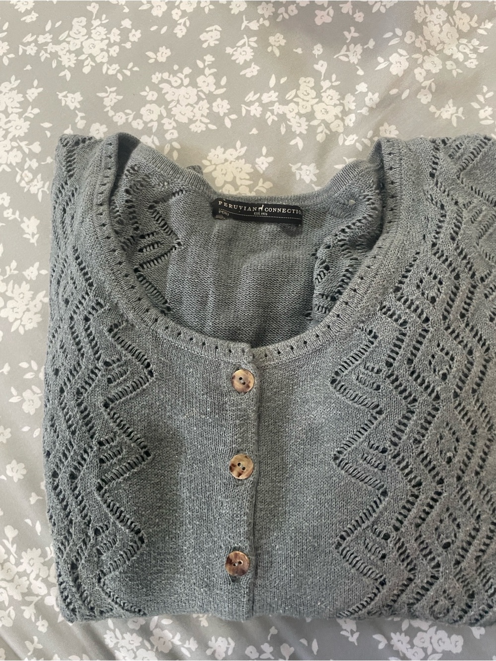 Peruvian Connection Soft Seafoam Knit Cardigan with Lace Panels - Picture 3 of 4